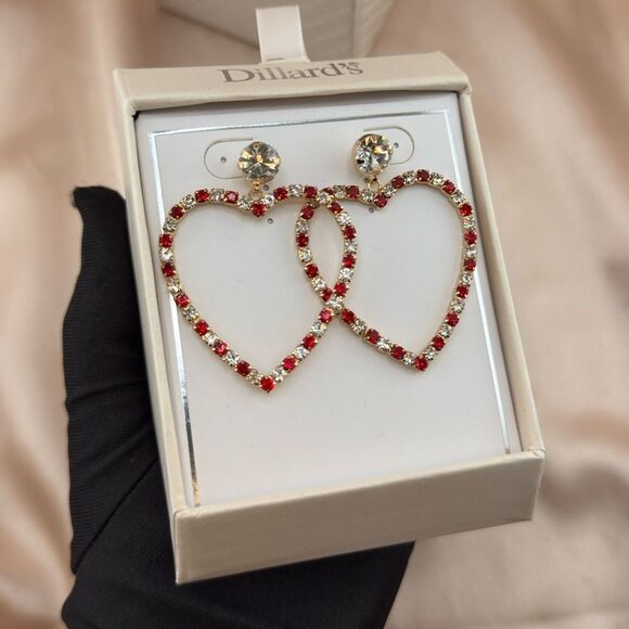 Red & Gold Crystal Heart Earrings – Statement Dangle Earrings - Picture 3 of 7